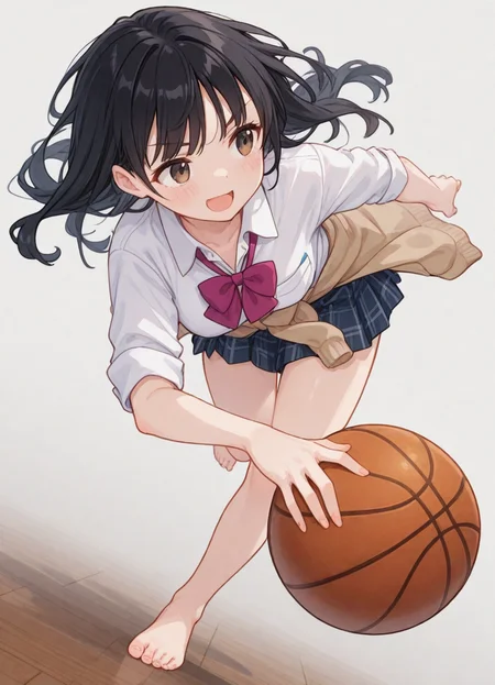 masterpiece, high quality, absurdres, best quality, very aesthetic, newest, intricate details,  ,safe,
dynamic pose, dynamic angle,
(7010:0.5),
(murakami suigun:0.5), 
<lora:Hyper_sdxl_8step:0.7>
<lora:1-000008:0.5><lora:ukiukiSoda-illV1-000010:0.3><lora:Expressive_H_Best_Of_Style:0.2>,
1girl, clothes around waist, basketball (object), , solo, basketball, ball, skirt, black hair, long hair, jacket around waist, open mouth, , , sweater around waist, shirt, school uniform, full body, plaid, smile, dress shirt, plaid skirt, pleated skirt, :d, , white shirt, jacket, bow, pocket, white background, brown eyes, sweater, , short sleeves, , standing, sleeves rolled up, bowtie, , floating hair, breast pocket, miniskirt, collared shirt, shadow, black eyes, , simple background, gradient background, pink bowtie, grey skirt, pink bow, blue skirt, blush, purple bow, , looking to the side, uniform, , purple bowtie, wing collar, cardigan, , determined, serious, happy, turning head, leaning forward, wooden floor, dribble, barefoot, leg up, twisted torso,