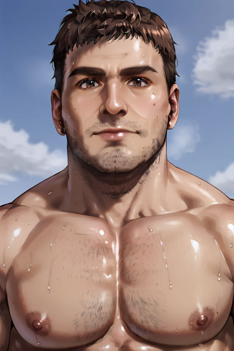 low angle, portrait, bust, male focus, (large pectorals), muscular, shirtless, sweaty, nipples, brown eyes, short hair, brown hair, stubble, <lora:Kelvin_Sons_of_the_forest:0.85> <lora:PerfectEyesXL:1> <lora:dizdoodz:0.5>