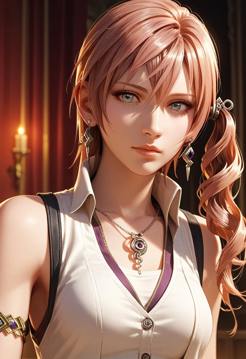 score_9,score_8_up,score_7_up,source_anime, Serah Farron,1girl,solo,jewelry,upper body,earrings,sleeveless,necklace,side ponytail,lips,armlet,