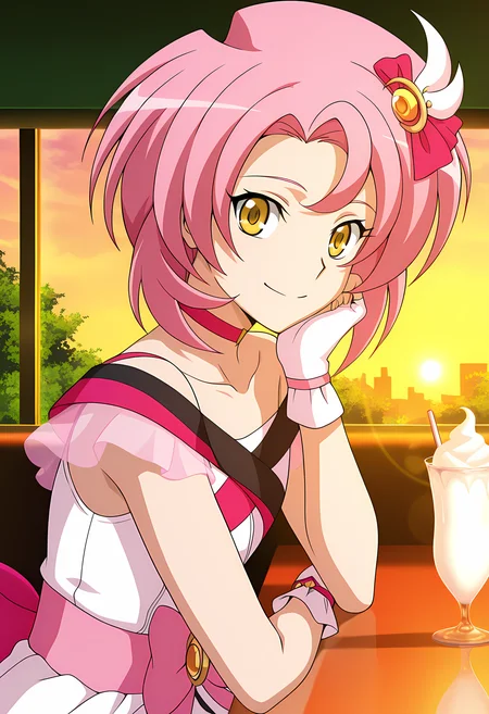 masterpiece,best quality,amazing quality,
solo, face focus,
Luna Yumizuki (Cardfight Vanguard), short hair, pink hair, yellow eyes,
idol, idol outfit, magical girl, semi transparent dress, collarbone, hair ornament, choker, fingerless gloves, bow,
Looking at viewer, big smile, from side,
cinematic, upper body, milkshake,
Sit, sitting, glass, sci-fi city, cafe, greenery,
afternoon, sunset,
Lens flare, bloom, detailed shadow,
Official style, anime screencap, anime coloring,