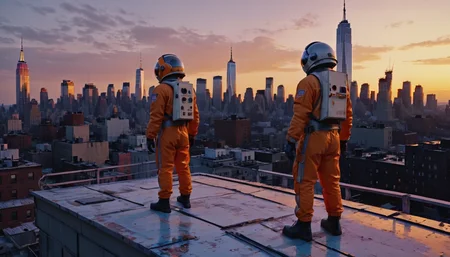oss artstyle standing on top of a New York building rooftop during a twilight looking out on the city. The sunset colors the city in orange, blue and purple. Panoramic shot. Cinematic. <lora:Old Space Station Artstyle - Trigger is OSS Artstyle:1>