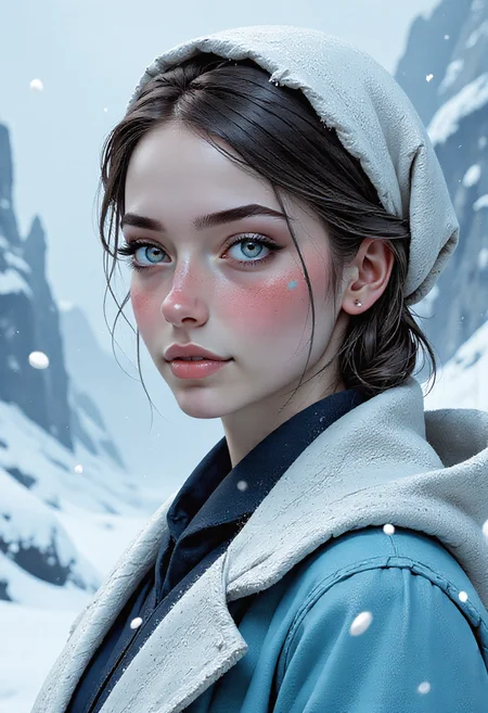 minimalistic portrait of a young Scandinavian woman white glacial blue smoked eye shadow, abstract white biomorphic pattern, winter landscape with glacial flowers, large snowflakes falling from the sky, vivid color, soft contrast, misty aether houte - couture rococo glacial clothing, atmospheric rim lighting, an intricate, elegant, highly detailed digital painting, (style of simon stalenhag, wayne barlowe, igor kieryluk. Lacombe, Patrice Murciano Frostpunk) perfection style, <lora:flux/flux_realism_lora>, <lora:flux/Herbst_Photo_35mm v2>, herbstphoto, <lora:flux/FluxMythP0rtr4itStyle>, mythp0rt,