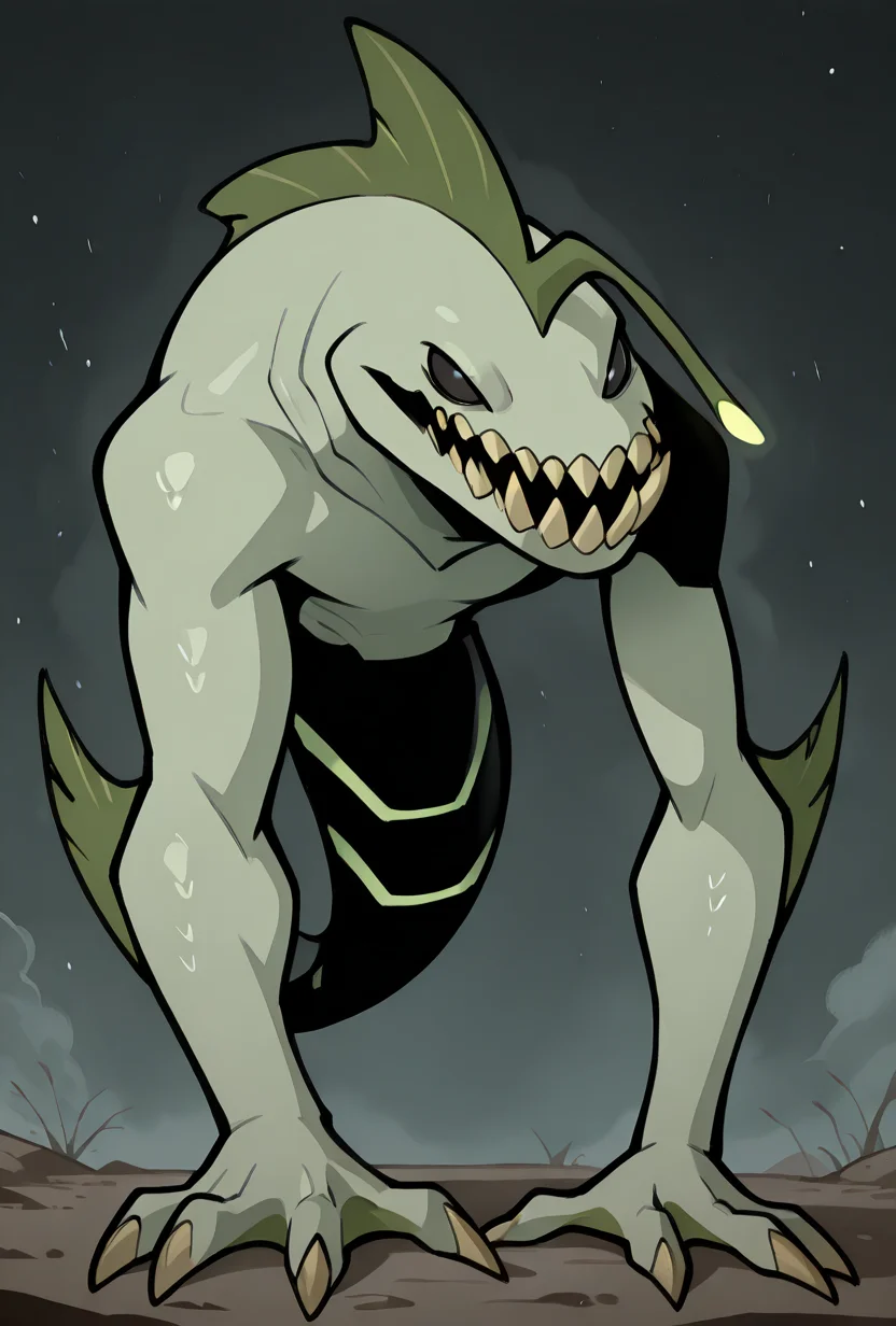 <lora:ripjaws-08:1> ripjaws, sharp teeth, solo, claws, 1boy, light green skin, no humans, <lora:TripleStabberIllustrious:1> black eyes, solid eyes, no mouth, masterpiece, best quality, amazing quality, very aesthetic, absurdres, newest,