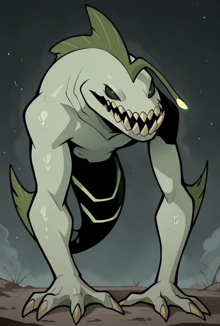 <lora:ripjaws-08:1> ripjaws, sharp teeth, solo, claws, 1boy, light green skin, no humans, <lora:TripleStabberIllustrious:1> black eyes, solid eyes, no mouth, masterpiece, best quality, amazing quality, very aesthetic, absurdres, newest,