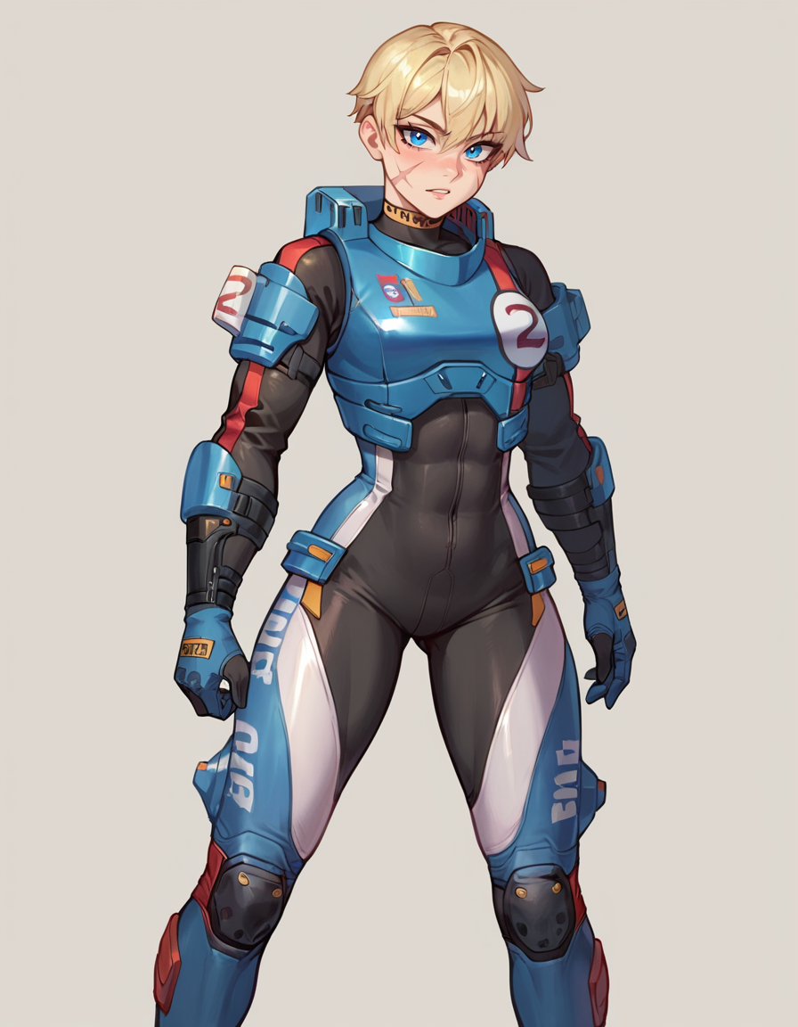 (embedding:Pony\Pony_PDXL_Negative_Embeddings\zPDXL2),simple background,1girl,black bodysuit,blue bodysuit,black gloves,blue gloves,two-tone gloves,looking at viewer,standing,black footwear,blonde hair,blue eyes,science fiction,scar,scar on face,blue cropped jacket,scar on cheek,knee pads,                                               <lora:MyTrainings\Temp\Wattson_Wired_for_Speed_XL_Pony\Wattson_Wired_for_Speed_XL_Pony.safetensors:0.6>