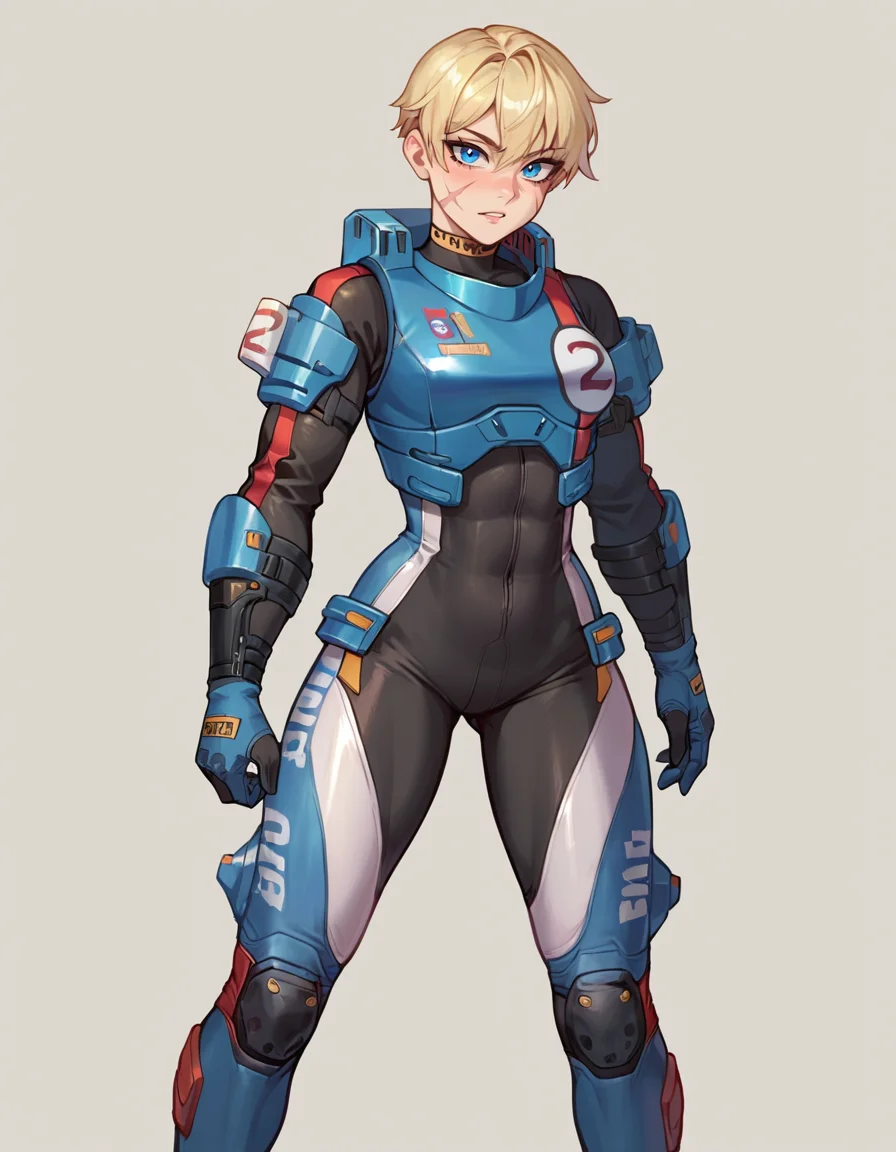 (embedding:Pony\Pony_PDXL_Negative_Embeddings\zPDXL2),simple background,1girl,black bodysuit,blue bodysuit,black gloves,blue gloves,two-tone gloves,looking at viewer,standing,black footwear,blonde hair,blue eyes,science fiction,scar,scar on face,blue cropped jacket,scar on cheek,knee pads, <lora:MyTrainings\Temp\Wattson_Wired_for_Speed_XL_Pony\Wattson_Wired_for_Speed_XL_Pony.safetensors:0.6>