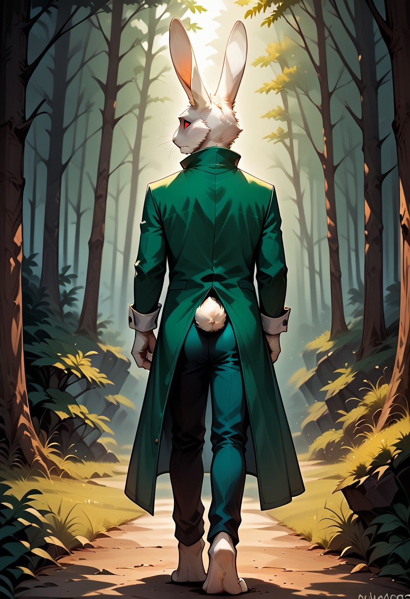 masterpiece, absurdres, very aesthetic, score_9, score_8_up, score_7_up, score_6_up, 
rear view, from behind, no humans, 
solo, furry male, Anthro Rabbit, Marquis_De_Hoto, blank eyes, red sclera, no pupils, mouthless, whiskers, (cheek tuft:1.2), rabbit ears, white ears, white fur, white body, rabbit tail, scut tail, (high collar, popped collar:1.2), long neck, yellow neck ribbon, slim, skinny, looking back, 
(dark red tailcoat:1.1), ragged coat, torn coat, sleeve cuffs, green vest, black capris, black breeches, rolled up pants, barefoot, rabbit feet, perfect hands, full-length portrait, full body, walking, old-fashioned, (adjusting clothes:1.1), adjusting sleeve, confident, 
detailed shading, absurdres, outdoors, forest, light shaft, dark, cast shadow, realistic fur, furry_diffusion