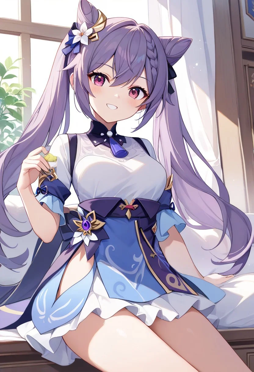 score_9, score_8_up, score_7_up, source_anime, best quality, masterpiece, 1girl, solo, smile. dutch angle, indoors,
keqingcs, purple hair, cone hair bun, purple eyes, long hair, double bun, braid, twintails,