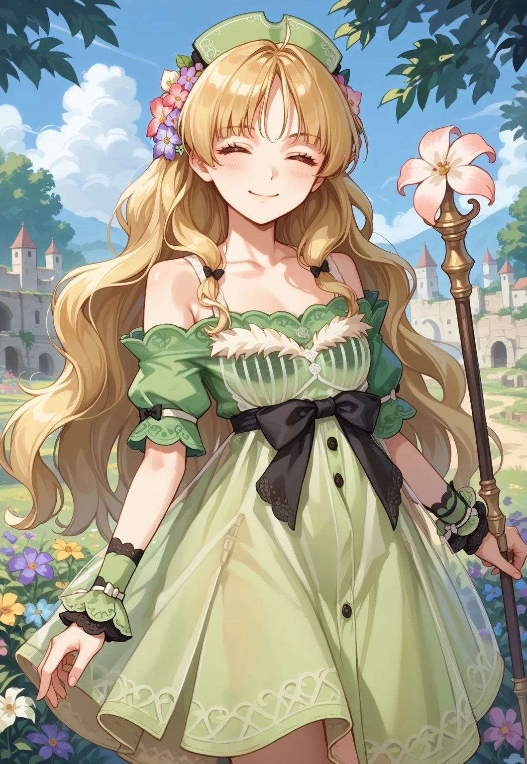 score_9, score_8_up, score_7_up, source_anime, aaayesha, blonde hair, brown eyes, long hair, hair flower, ayeshadef, hat, green dress, light green dress, see-through, green shirt, black bow, waist bow, wrist cuffs, green skirt, bare shoulders, flower, staff, smile, light blush, closed eyes, outdoor, look at viewer, hands-clenched,
