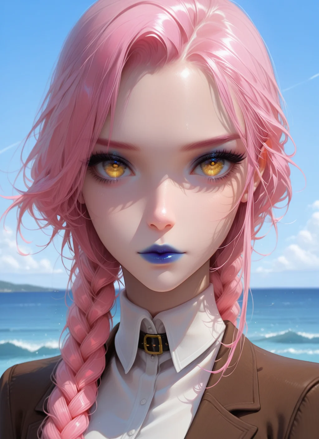 artist:, masterpiece, best quality, newest, very awa, absurdres, highres, sfw, dprd, 1girl, blue lips, gold eyes, pink hair, Half-Up Braided style hair, brown jacket, white shirt, collar shirt, official, looking at viewer, daytime, sea, wind, detailed, <lora:DeepRed-Style:1.0>