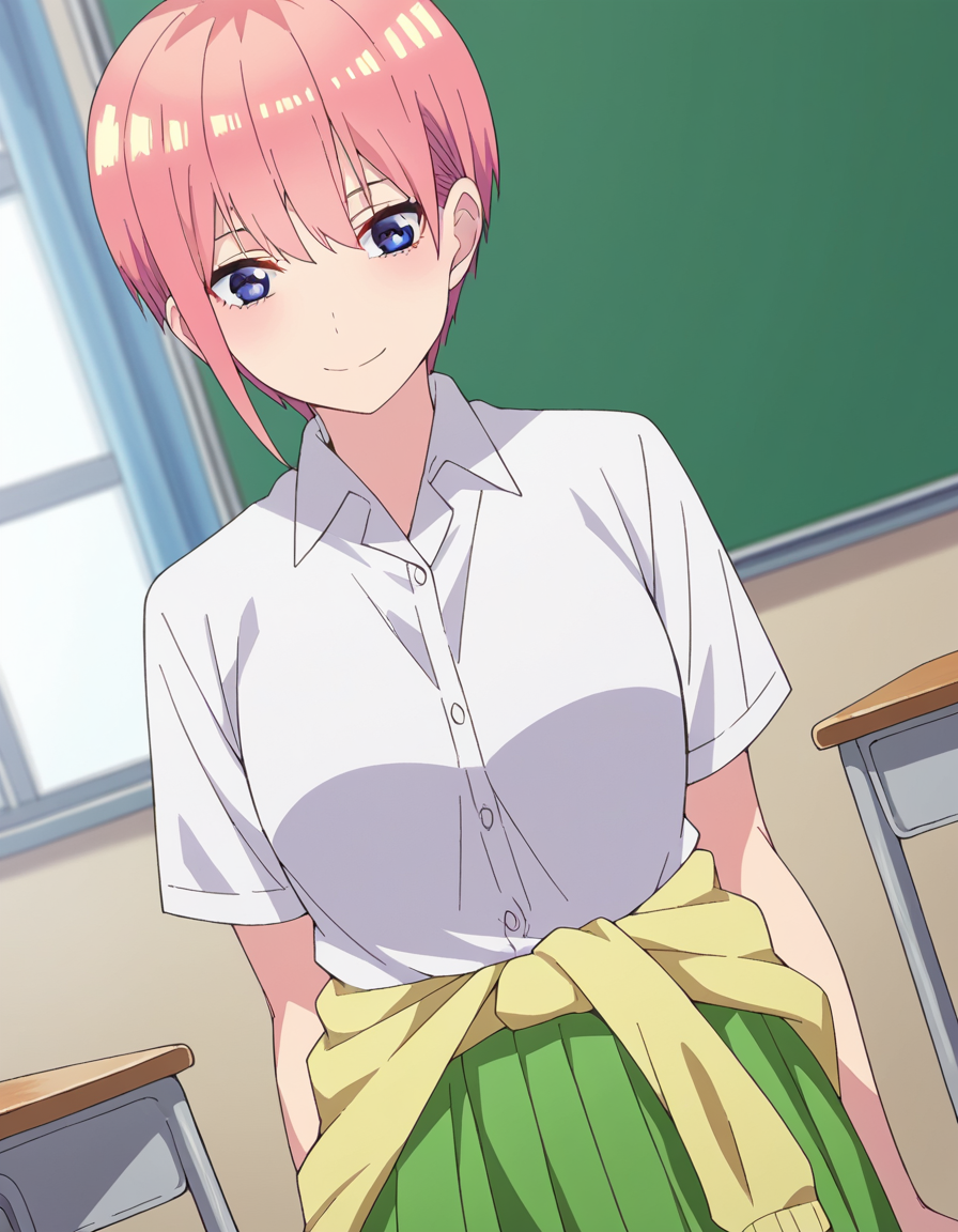 score_9, score_8_up, score_7_up, source_anime,
ichikanakano, <lora:ichika-nakano-s2-ponyxl-lora-nochekaiser:1>, 
ichika nakano, short hair, bangs, blue eyes, hair between eyes, pink hair, pixie cut, smile, mature female,
skirt, shirt, school uniform, white shirt, short sleeves, pleated skirt, shoes, socks, collared shirt, black footwear, sweater, white socks, green skirt, loafers, clothes around waist,
indoors, classroom, smile,
looking at viewer, cowboy shot, solo, dutch angle,