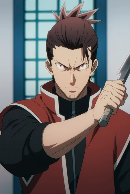 1boy,  rex_eminenceinshadow, brown hair, slicked back hair, ((top knot)), red eyes, stubble, black under shirt, red vest, veiny arms, score_7_up, score_6_up, score_8_up, score_9, ((anime color)), looking at viewer, detailed eyes, 8k uhd, high quality, medieval, room, expressionless, standing, front view, angry, holding blade,close up