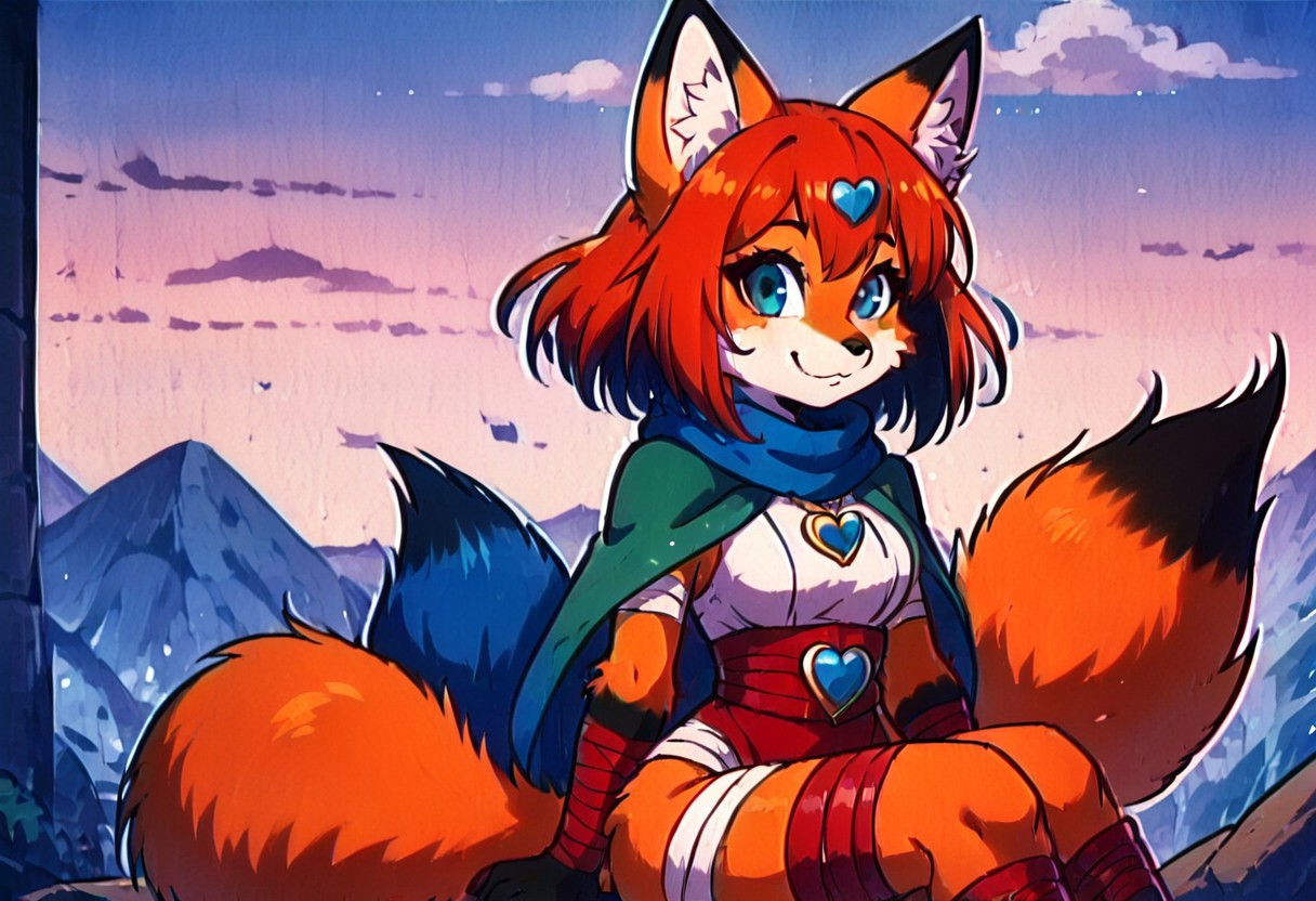 sfxm, anthro, female furry, fox, fox tail, fox ears, body fur, fluffy, paws, scarf, heart-shaped pendant, leg wrap, bandages, looking at viewer, cute style, dic style, super show, smbss style, vintage, cartoon