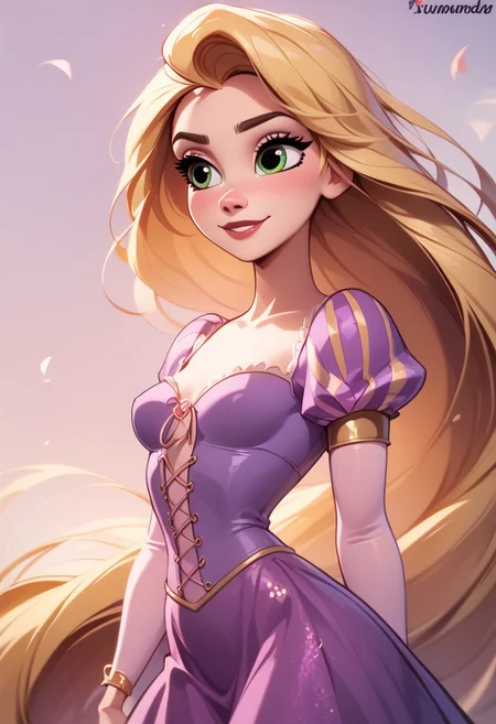 score_9, score_8_up, score_8, medium breasts, (curvy), eyelashes,     
BREAK,
RapunzelWaifu
BREAK,
 purple dress, puffy sleeves, very long hair, blonde, green eyes
zPDXL,