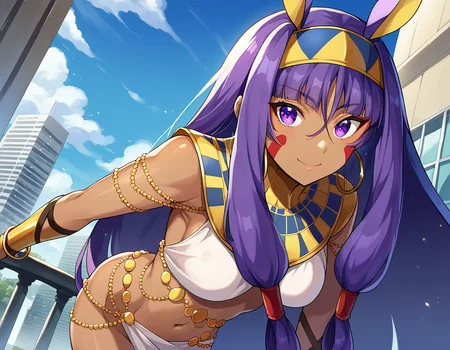 score_9, score_8_up, score_7_up, source_anime,
fatenitocris, <lora:fate-nitocris-ponyxl-lora-nochekaiser:1>,
nitocris, animal ears, dark skin, dark-skinned female, facial mark, hair between eyes, long hair, purple eyes, purple hair, sidelocks,
bracelet, bracer, earrings, hairband, hoop earrings, jewelry, navel, revealing clothes,
outdoors, cityscape, bent over, smile,
looking at viewer, dutch angle, cowboy shot,