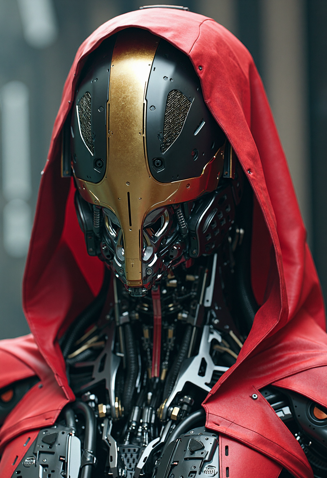 A futuristic cybernetic warrior clad in a sleek, high-tech exosuit, primarily in black and red with intricate golden mechanical components. The humanoid figure wears a hooded cloak of crimson, draping elegantly over the advanced armor. The robotic faceplate is a fusion of glossy black metal and reflective gold plating, adorned with intricate engravings, tubes, and mechanical joints. The exosuit features detailed cybernetic enhancements, reinforced armor plates, and energy conduits glowing faintly beneath the surface. The background is dark and blurred, emphasizing the warrior's presence with a cinematic lighting effect. The overall aesthetic is a fusion of cyberpunk, sci-fi fantasy, and futuristic military design. Ultra-detailed, photorealistic, cinematic lighting, dramatic shadows, 8K resolution.


UNI_SCI_FI_CORE