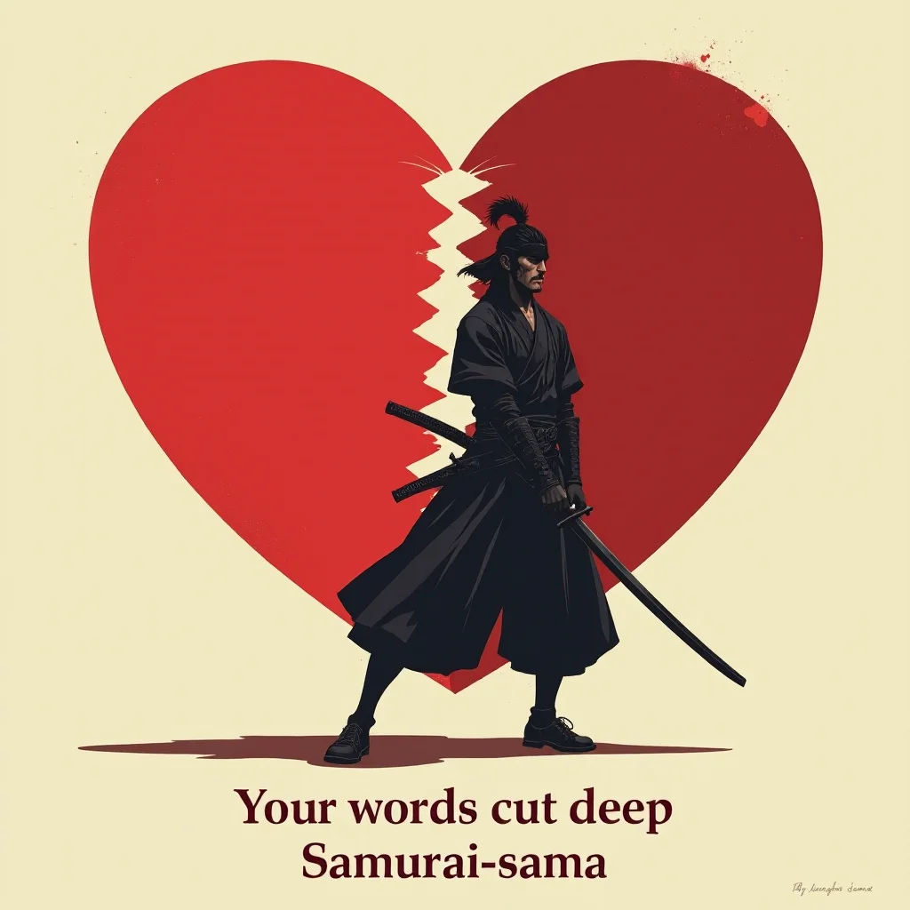 anime,poster,a samurai assuming the stance of sheathing his katana,having cut a giant red heart in half,bottom text reading "Your words cut deep Samurai-sama",