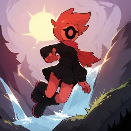 score_9, score_8_up, score_8, medium breasts, 1girl, skinny, cute, petite, pretty girl, vivid colors, outdoors,
Hilda, red scarf, black sweater, black skirt, black boots, happy, dynamic pose, dynamic angle, low angle, jumping, waterfall in the distance, outdoors, woods, powerpuff, sun shining in the sky with a rainbow,
Novakin faceless, no eyes, no mouth, no nose, no facial features, long fiery hair, body made of plasma,  red fiery hair, red plasma, red skin,