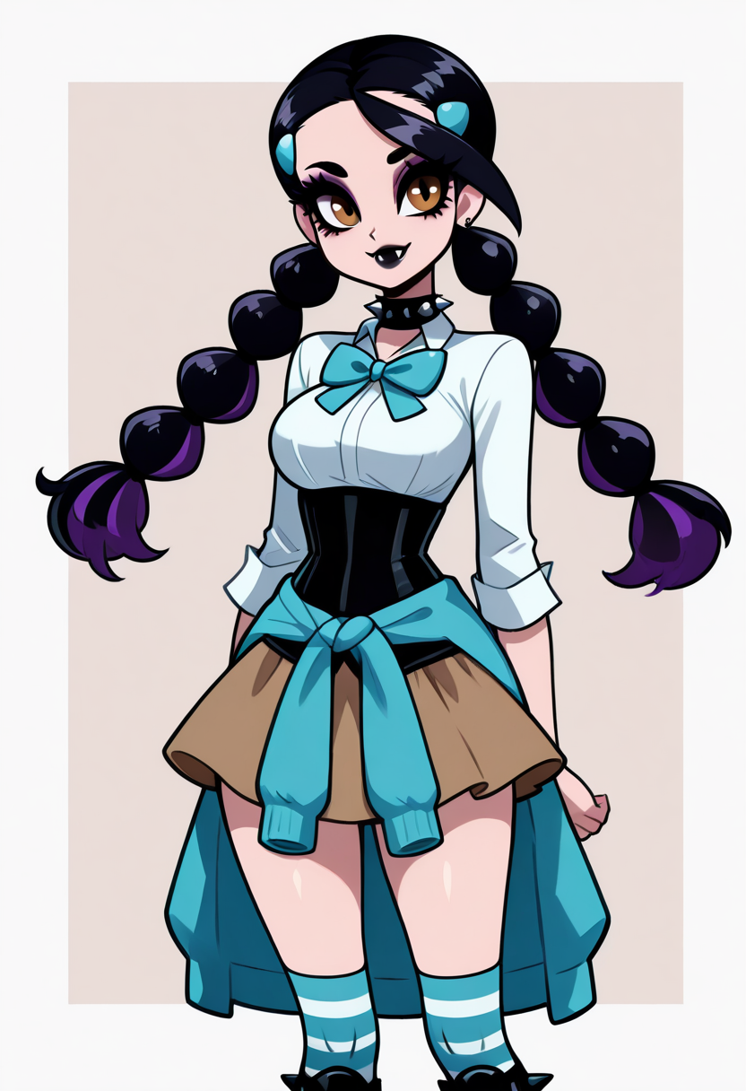 masterpiece, best quality, medium breasts, (curvy),   zzCandice,  hair ornament, twintails,  hairclip, striped socks, bowtie,  sweater around waist, brown skirt,   , <lora:CandicePokemon_NAI:1.0>,, smile, looking at viewer, cowboy shot, (two-tone hair, purple hair, makeup, eyeshadow, black lips, dress, black boots, knee boots, spikes, spiked collar, gothic),   ,<lora:VampieNAI:1.0>,
