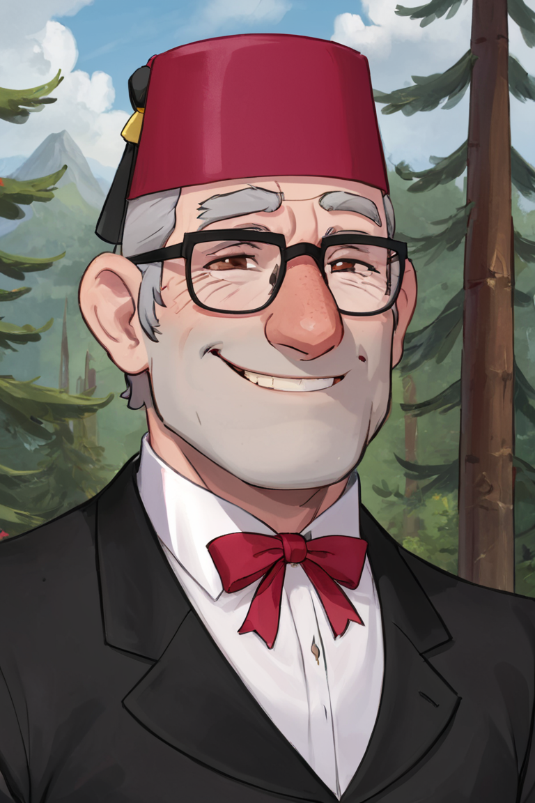 stanpines, solo, male focus, upper body, muscular, mature male, old man, short hair, grey hair, brown eyes, thick eyebrows, glasses, black-framed eyewear, facial hair, stubble, sideburns, smile, red fez hat, formal, black suit, white shirt, red ribbon, standing, outdoors, pine forest <lora:Stanley (Stan) Pines SDXL_LoRA_10r_10e_32i_nr32_a16_SDXL:0.7>