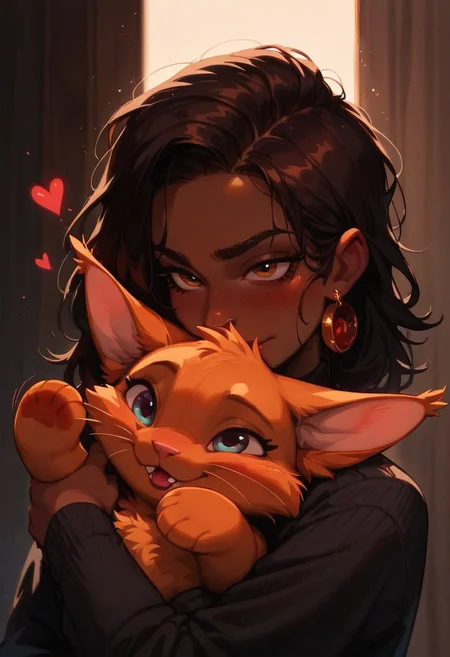 score_9, score_8_up, score_7_up, score_6_up, <lora:p3tl0v3XLP:1> p3tl0v3, 1girl, dark skinned female, hugging a orange kitten,