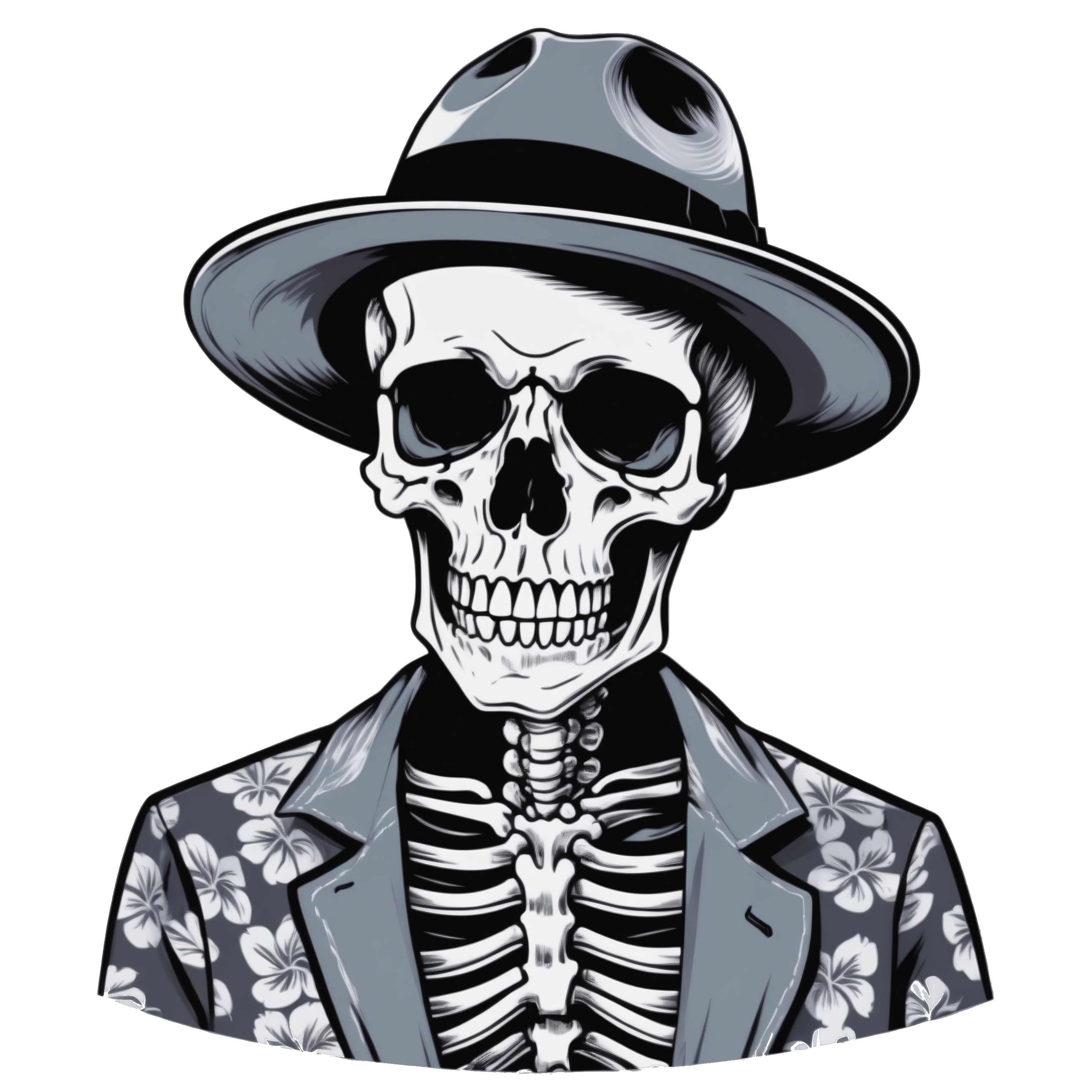 Skeleton man, hawaiian shirt. dealer hat.frown.
grey background, simple background,
