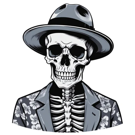 Skeleton man, hawaiian shirt. dealer hat.frown.
grey background, simple background,