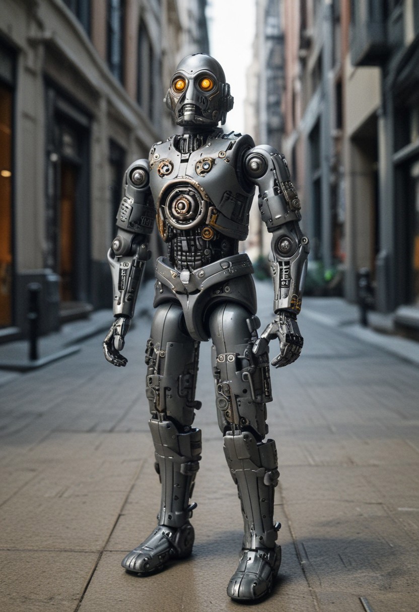 realistic grey iron steampunk android, boots, miniature, hyper realistic, action figure, reality-shot, realism, realistic photography of a very detailed awesome robot, in a cyberpunk modern city environment, looking at viewer, magical landscape with enchanted elements, fantasy art style, modern theme, intricate details, ultra sharp, exquisite detail, flawless composition, vivid colors, masterpiece, exciting background, looking at viewer, solo, ral-rbtcprtz, novuschroma53 style, C-3PO