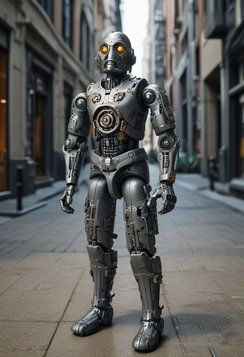 realistic grey iron steampunk android, boots, miniature, hyper realistic, action figure, reality-shot, realism, realistic photography of a very detailed awesome robot, in a cyberpunk modern city environment, looking at viewer, magical landscape with enchanted elements, fantasy art style, modern theme, intricate details, ultra sharp, exquisite detail, flawless composition, vivid colors, masterpiece, exciting background, looking at viewer, solo, ral-rbtcprtz, novuschroma53 style, C-3PO