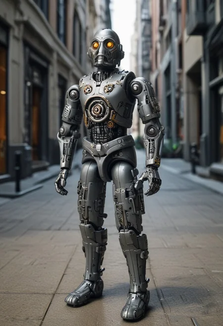 realistic grey iron steampunk android, boots, miniature, hyper realistic, action figure, reality-shot, realism, realistic photography of a very detailed awesome robot, in a cyberpunk modern city environment, looking at viewer, magical landscape with enchanted elements, fantasy art style, modern theme, intricate details, ultra sharp, exquisite detail, flawless composition, vivid colors, masterpiece, exciting background, looking at viewer, solo, ral-rbtcprtz, novuschroma53 style, C-3PO