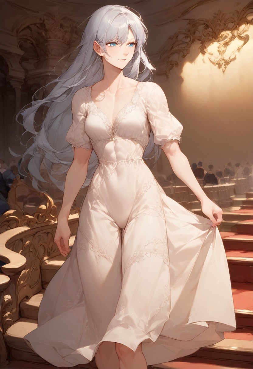 score_9, score_8_up, score_7_up, (1girl,solo:1.5), long hair, silver hair, blue eyes,pretty, fit, medium breasts, tall woman, theatre, standing,  (slightly muscular:0.1),(abs outline:0.4),linen dress