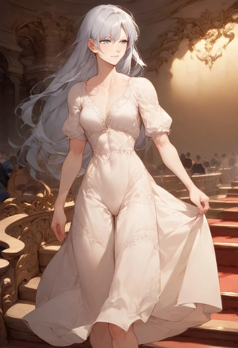 score_9, score_8_up, score_7_up, (1girl,solo:1.5), long hair, silver hair, blue eyes,pretty, fit, medium breasts, tall woman, theatre, standing, (slightly muscular:0.1),(abs outline:0.4),linen dress