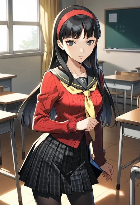 score_9, score_8_up, score_7_up, (source_anime), 1 girl, solo,
Amagi Yukiko, long hair, pleated skirt, black hair, bangs, red cardigan, school uniform, hairband, serafuku, yellow neckerchief, black pantyhose, yasogami school uniform
indoors, classroom, masterpiece, best quality, ultra detailed, absurdres, very aesthetic