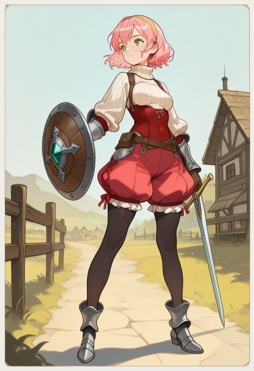 masterpiece, best quality, very aesthetic, absurdres, 
cowboy shot, solo, 1girl, claire \(fantasica\), squire, 
green eyes, pink hair, short hair, medium breasts, 
yellow hairband, turtleneck sweater, ribbed sweater, white sweater, red bodice, vambraces, brown gloves, red shorts, puffy shorts, frilled shorts, bloomers, black pantyhose, pantyhose under shorts, ankle boots, armored boots, 
holding sword, arm shield, buckler, 
facing viewer, looking to the side, looking afar, standing, legs apart, closed mouth, clenched hand, 
village outskirts background, sunrise light, cobbled path, wooden fences, misty fields, distant rooftops, 
oyarcf, pastel colors,