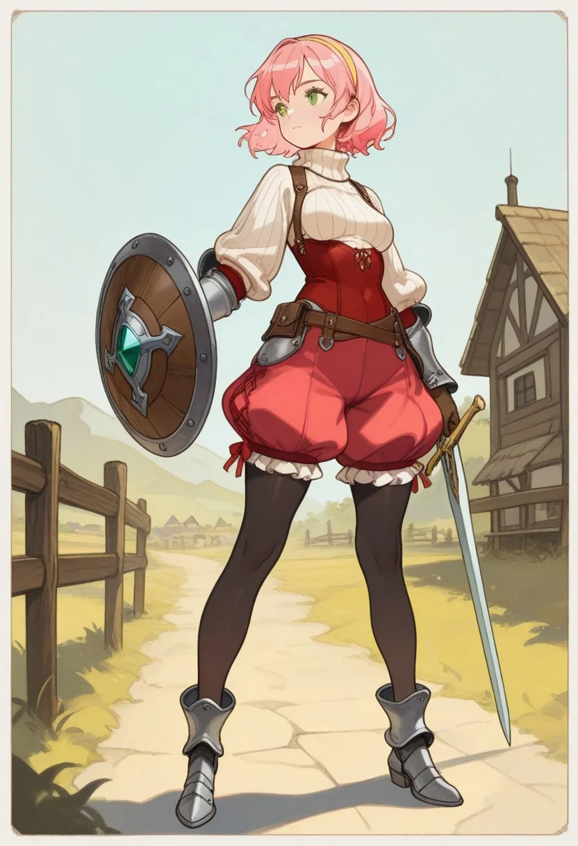 masterpiece, best quality, very aesthetic, absurdres,
cowboy shot, solo, 1girl, claire \(fantasica\), squire,
green eyes, pink hair, short hair, medium breasts,
yellow hairband, turtleneck sweater, ribbed sweater, white sweater, red bodice, vambraces, brown gloves, red shorts, puffy shorts, frilled shorts, bloomers, black pantyhose, pantyhose under shorts, ankle boots, armored boots,
holding sword, arm shield, buckler,
facing viewer, looking to the side, looking afar, standing, legs apart, closed mouth, clenched hand,
village outskirts background, sunrise light, cobbled path, wooden fences, misty fields, distant rooftops,
oyarcf, pastel colors,