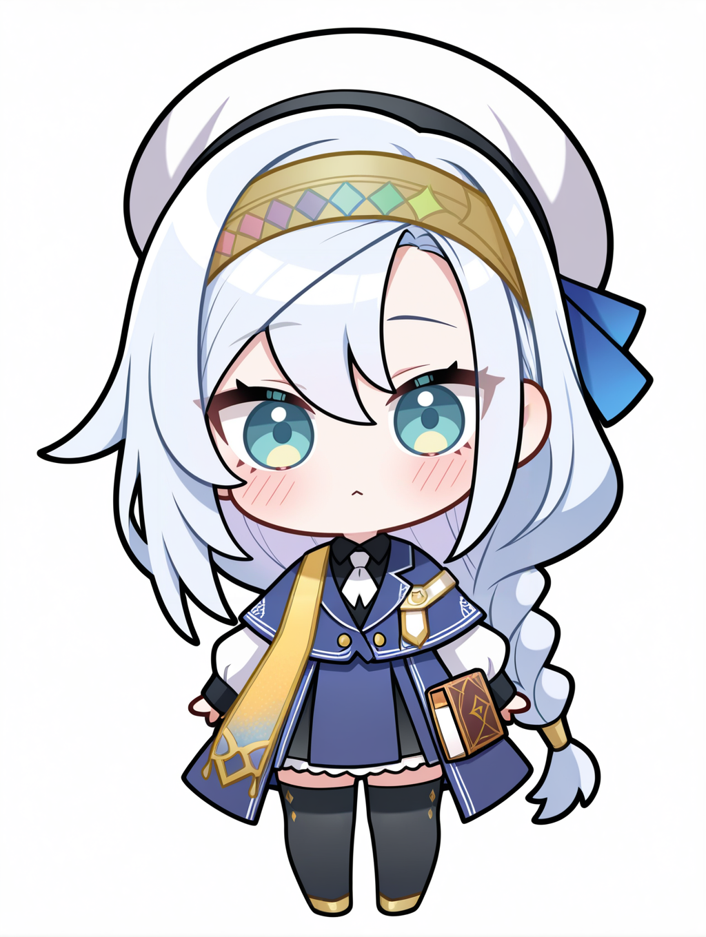 chibi, artmegia finemelt, 1girl, solo, blush, black thighhighs, white background, full body, simple background, looking at viewer, blue dress, black collared shirt, blue capelet, white beret, gold hairband, book, gold high heels, gold sash, white necktie,
masterpiece,best quality,amazing quality,very aesthetic,absurdres,newest,<lora:Artmegia finemelt illusXL v1.3:0.7>,
