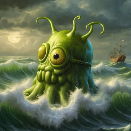 A brain slug as Cthulhu is rising from the sea in a great storm <lora:SDXL-BrainSlug-Lora:1>, Very detailed, clean, high quality, sharp image, based on H.P Lovecraft stories, Naoto Hattori