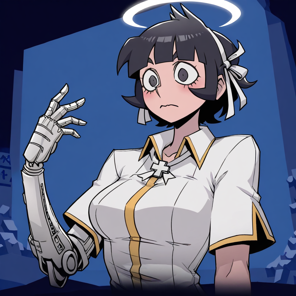 masterpiece, best quality, newest, absurdres, highres, SPAV1.0IL-right, right prosthetic arm, prosthetic arm,  prosthesis, single mechanical arm, 1girl, azazel (helltaker), short hair, black hair, halo, white shirt,
