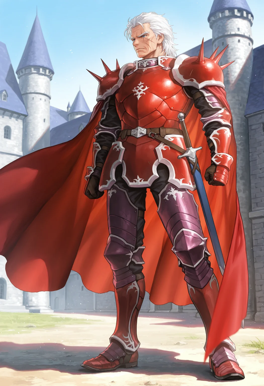 masterpiece,extreme detailed,SmoothNoob_Quality,day,outdoors,castle,full body BREAK jagen_(fe),1boy,white hair,blue eyes,(old man:0.9),scar,red armor,cape,spikes,<lora:jagen_(fe)-IL:1>,<lora:NOOB_vp1_detailer_by_volnovik_v1:1>,