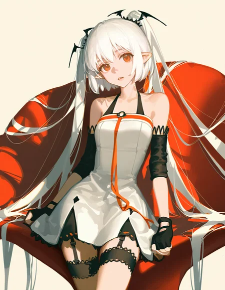 liloai,1girl,solo,<lora:liloai-000012:1>,looking at viewer,simple background,cowboy shot,white background,white dress,bare shoulders,bare shoulders,garter straps,pointy ears,fingerless gloves,detached sleeves,sitting,, masterpiece, best quality, very aesthetic, absurdres,newest, incredibly absurdres,, ningen mame, ciloranko, (tianliang duohe fangdongye:0.9), ask \(askzy\), (wlop:0.9)