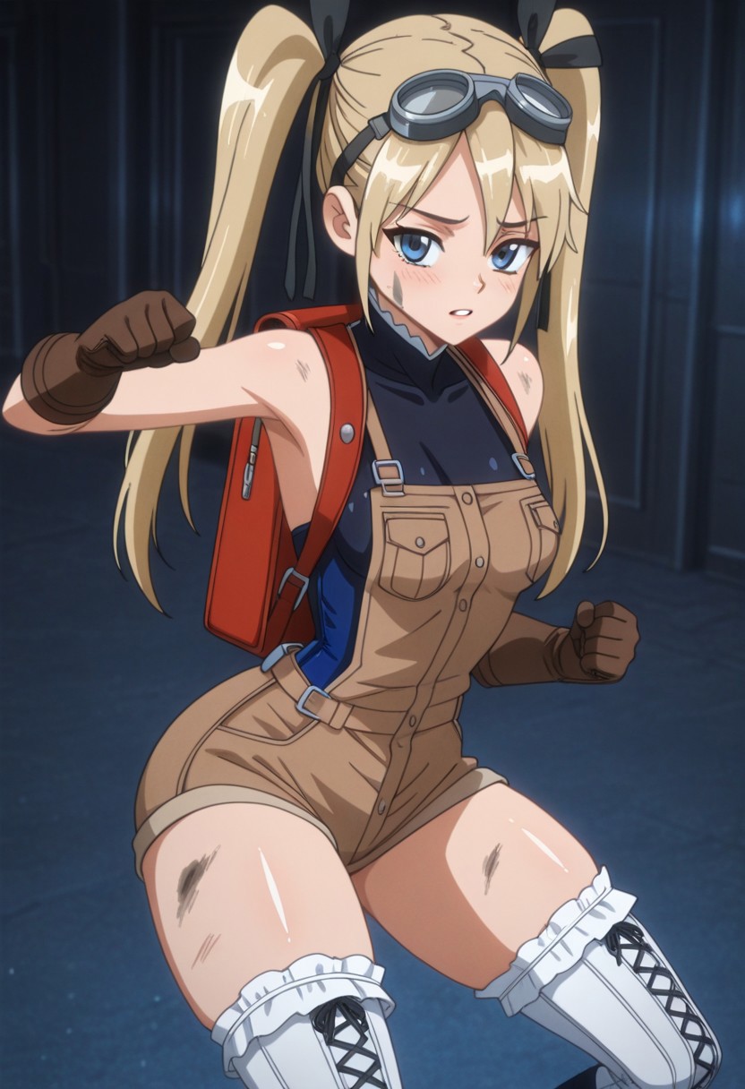 anime screencap, masterpiece, expressiveh, anime coloring, 
score_9, score_8_up, score_7_up, score_6_up,
1girl, solo, blue eyes, tiny breasts, shiny skin, narrow waist, thick thighs, wide hips, perfect body, fit body, cute face, cute eyes,( marie_rose_incise_soul:1.5)
blonde hair, twintails, long hair,
(brown overall shorts:1.5), white thigh high stockings, brown boots, brown leather gloves, goggles on her head, black crop top, toolbelt, artificer, magic backpack
smiling, looking at the viewer
face smeared with grease, dirty face, 
dynamic pose, sexy pose
skindentation, fantasy background, 
<lora:Expressive_H:1>