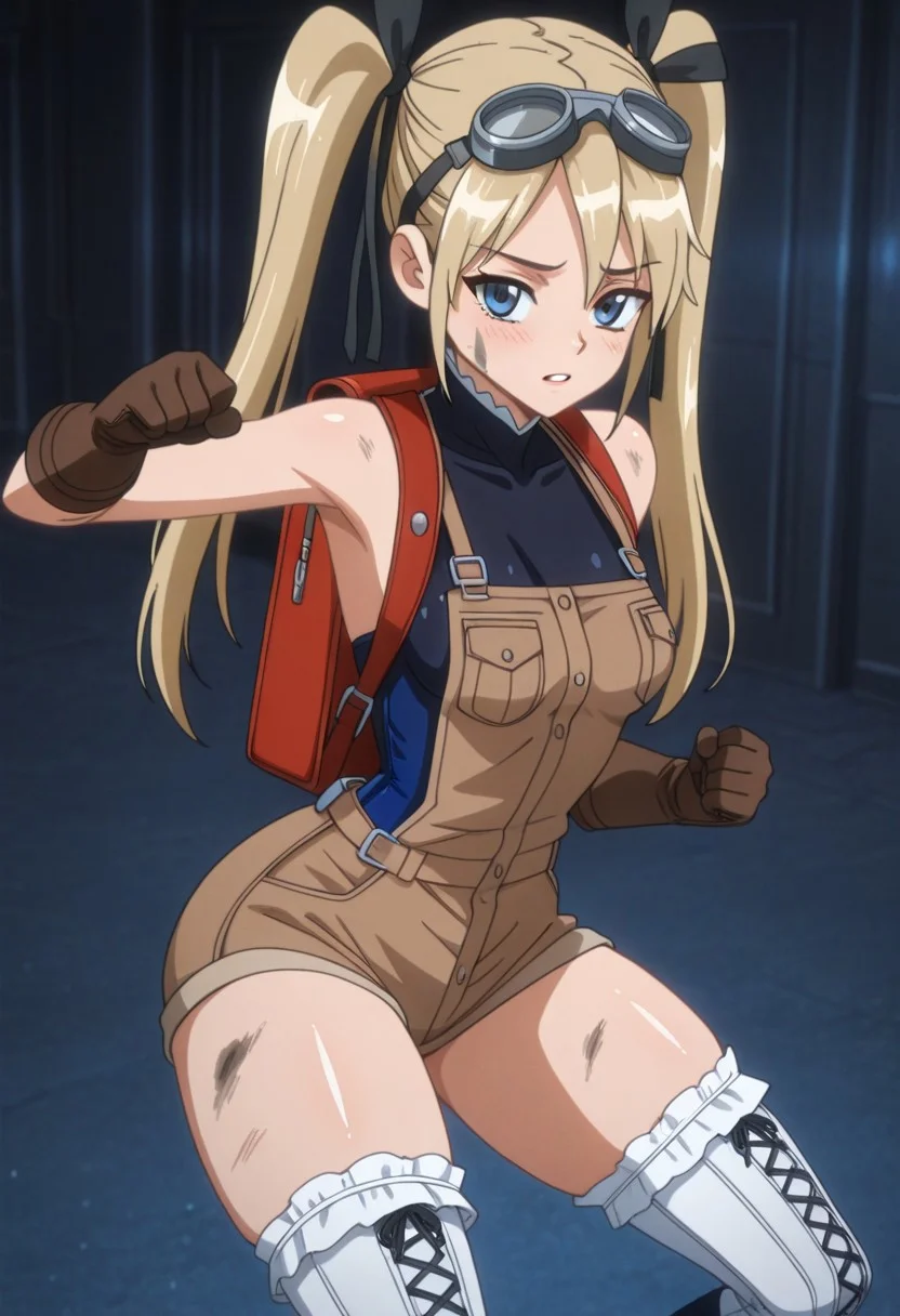 anime screencap, masterpiece, expressiveh, anime coloring,
score_9, score_8_up, score_7_up, score_6_up,
1girl, solo, blue eyes, tiny breasts, shiny skin, narrow waist, thick thighs, wide hips, perfect body, fit body, cute face, cute eyes,( marie_rose_incise_soul:1.5)
blonde hair, twintails, long hair,
(brown overall shorts:1.5), white thigh high stockings, brown boots, brown leather gloves, goggles on her head, black crop top, toolbelt, artificer, magic backpack
smiling, looking at the viewer
face smeared with grease, dirty face,
dynamic pose, sexy pose
skindentation, fantasy background,
<lora:Expressive_H:1>