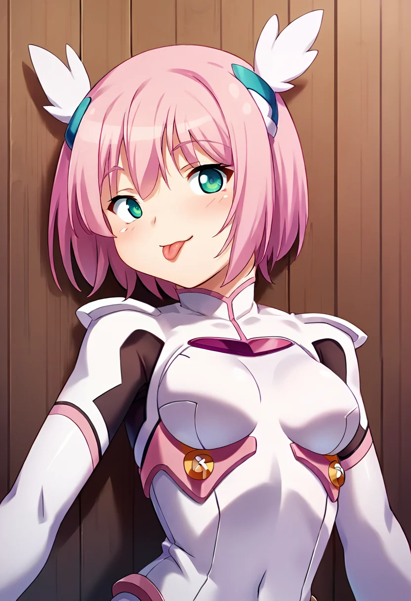 score_9, score_8_up, score_7_up, masterpiece, source_anime 1girl, ct_m0m0, aqua eyes, pink hair, short hair, medium breasts, hair ornament, bodysuit, elbow gloves, looking at viewer, indoors, wooden wall, upper body, tongue out, tongue, ;p, <lora:SaotomeMomo_Pony_ct_ver2:1>