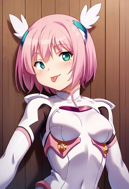 score_9, score_8_up, score_7_up, masterpiece, source_anime 1girl, ct_m0m0, aqua eyes, pink hair, short hair, medium breasts, hair ornament, bodysuit, elbow gloves, looking at viewer, indoors, wooden wall, upper body, tongue out, tongue, ;p,  <lora:SaotomeMomo_Pony_ct_ver2:1>