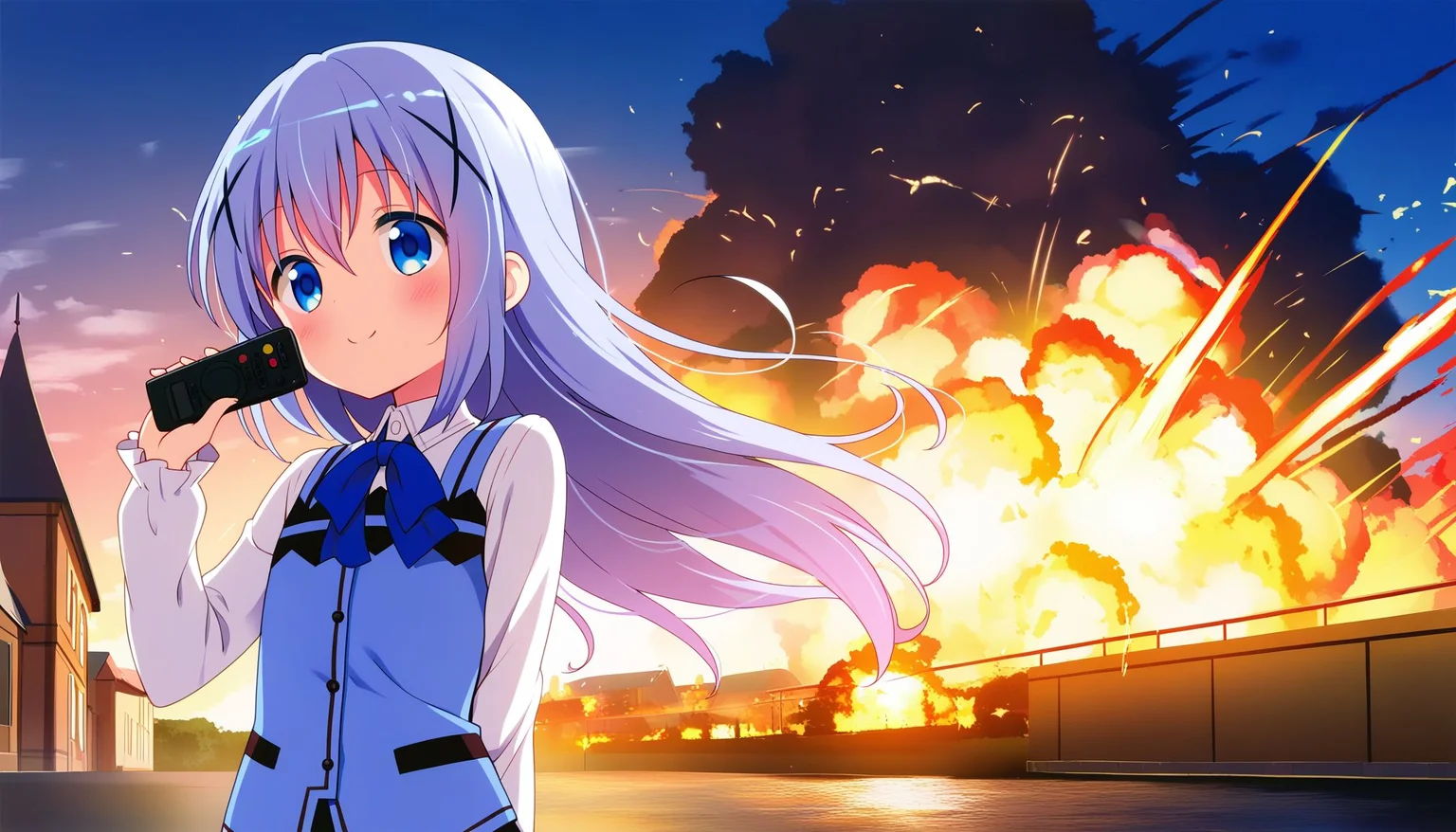 best quality,ultra-detailed,illustration,an extremely delicate and beautiful,(noise clear),(Intricate),(Hires.fix),outdoors,european town, explicit, BREAK
1girl,smile,happy, gochuumon wa usagi desu ka?,kafuu chino,rabbit house uniform, tippy (gochiusa) on her head,(holding remote controller:2),walking,<lora:r0tary_eng1ne:1> r0tary_eng1ne, BREAK
explosion,<lora:explosion_r_v100:0.8>,(starbucks store burning:1)