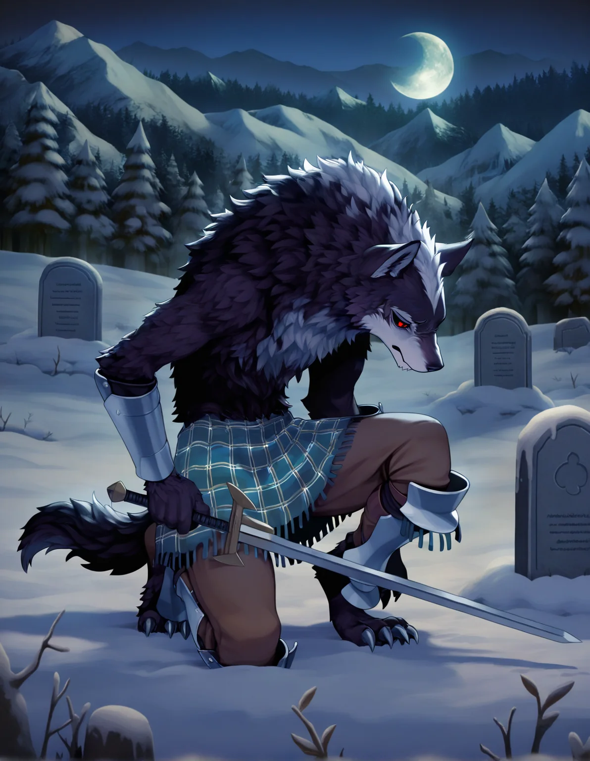 masterpiece, best quality, govil, wolf, anthro, solo, male, white head tuft, bracers, leg armor, brown pants, cyan kilt, holding sword, on one knee, red eyes, black sclera, toe claws, half-closed eyes, moon, mountain, snow, forest, night, dark theme, sad, tombstone,
<lora:UnicornOverlordBeastmen_Noob-1.0.38:1>