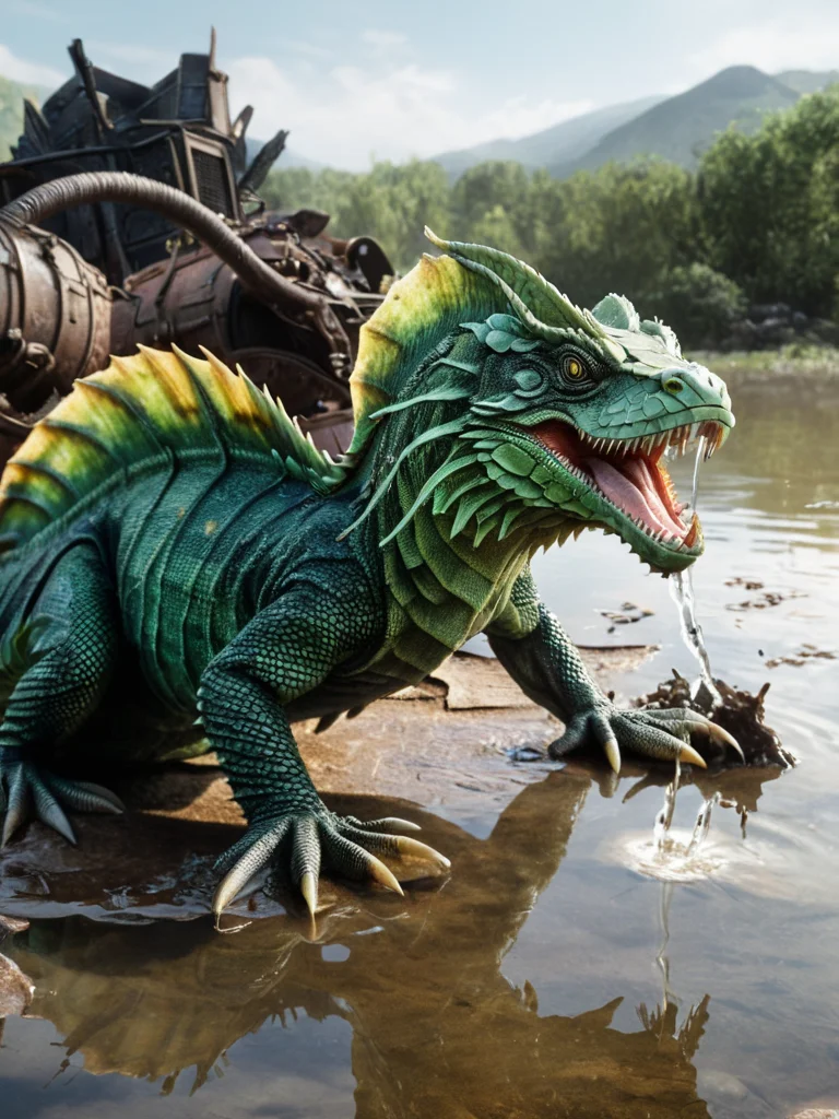 Hyper-realistic, wasteland world, lake splashing, a basilisk carrying its head, masterpiece, realistic, detailed, highest quality, High Quality
