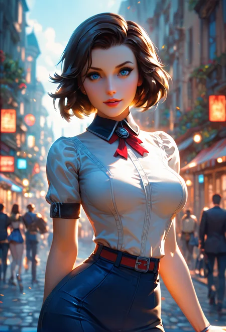 score_9, score_8_up, score_7_up, Elizabeth from "BioShock Infinite" explores the vibrant streets of Columbia, her eyes wide with wonder and curiosity. Her sweet nature and sudden, clumsy missteps as she interacts with the environment add layers of endearment to her character.
