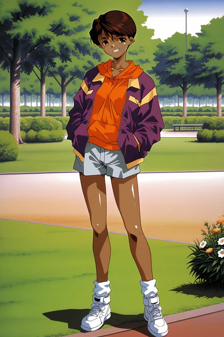 masterpiece, best quality, amazing quality, absurdres, solo, tohno mizuki, smirk, teeth, posing, standing, closed mouth, looking at viewer, short brown hair, brown eyes, dark skin, dark-skinned female, purple jacket, orange hoodie, grey shorts, white sneakers, outdoors, park, trees, grass, flowers