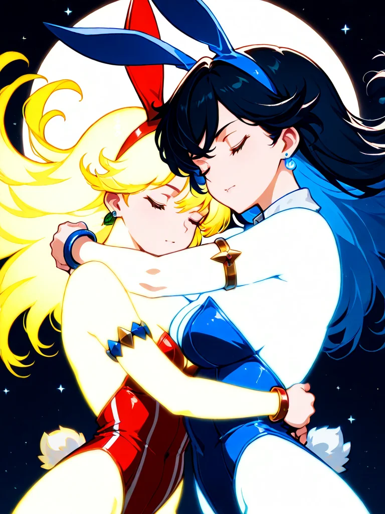 masterpiece,best quality,higres illustration,detailed face,<lora:henshin_IL:1>,henshin,glowing body,american flag print,earrings,bracelet,armlet,leotard,bunny ears,2girls,hug